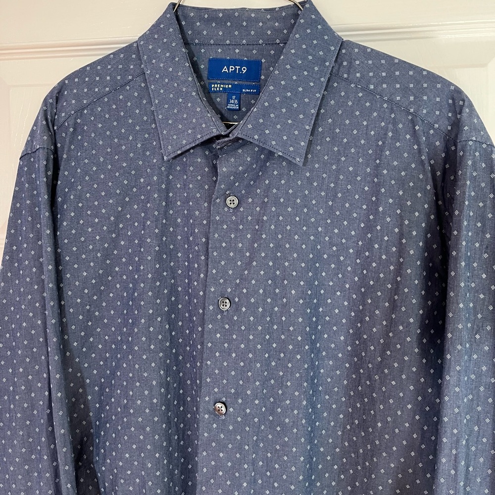 Apt 9 Blue Long Sleeve Shirt Slim Fit Diamond Pattern Stretch Fabric 17 34/35